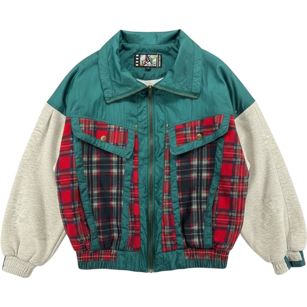 River‎ Edge Sport Jacket Teal Plaid Color Block Vintage 90s Full Zip Medium